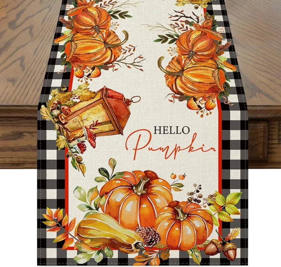 Orange Pumpkin Mushroom Leaf Print Table Runner Autumn Thanksgiving Retro Kitchen Table Decor for Home Party Decoration