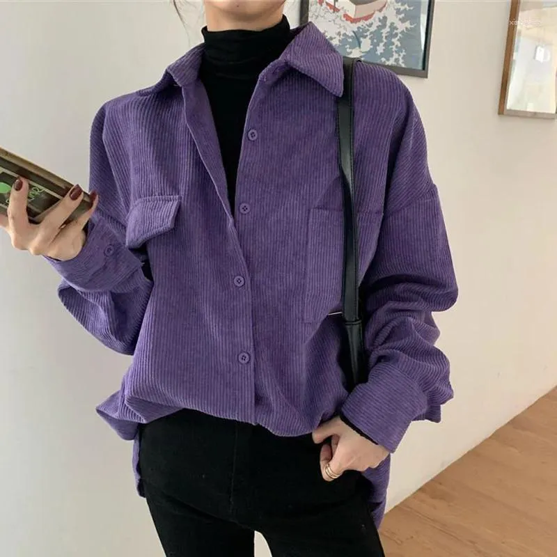 Blouses pour femmes chemises en velours côtelé vintage Femmes Femmes Lazy Purple Mid-Longing Mouilles femme 2024 AUTUMNE POCHES DE BOUTON KORIEN HIVER AUTOM