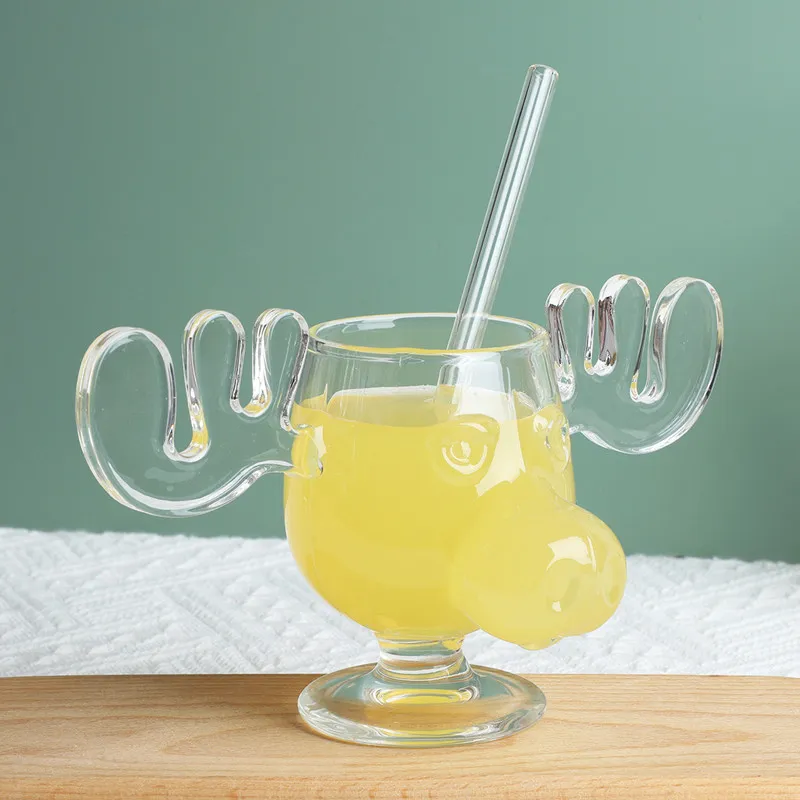 Elch Motiv Glas Elchgläser Set – Weihnachtsbecher 300 Ml, Hoch & Niedrig, Aus Borosilikatglas – Inkl. Rentierlöffel & Geschenkbox – Für Eierlikör, Glühwein & Co