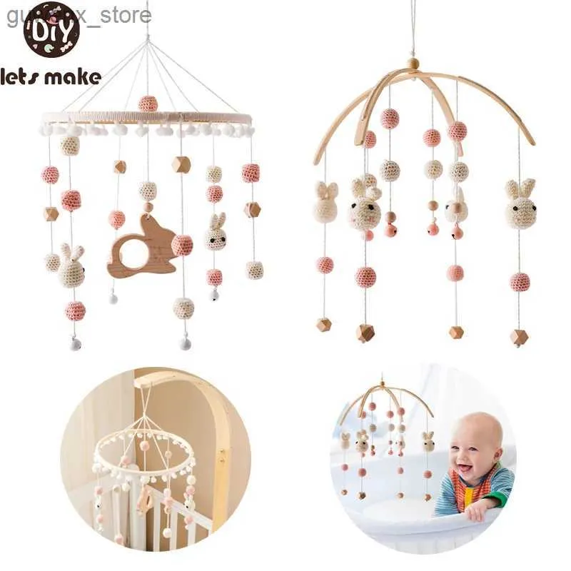 Mobiles# Baby houten bed bell haakkonijn hanger hangende rammelaar speelgoed hanger wieg mobiel bed klok houten speelgoed houder armbeugel jeugd geschenken y240412