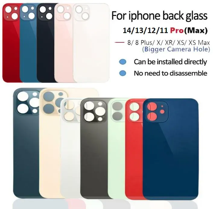 För iPhone 15 14 13 12 11 Pro Max 8 Plus X Xs Max Battery Glass Housing Byte Back Cover Big Hole Camera med klistermärken