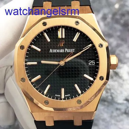AP Crystal Wrist Watch Royal Oak Series 15500 eller svart urtavla med gummiband Mens Watch 18K Rose Gold Automatic Machinery