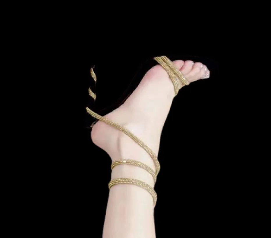 Sandals Cleo Rhinestone thin high heels sandals crystal Heel ankle strap winding 95mm women039s dress shoes Luxury Designer san5136550