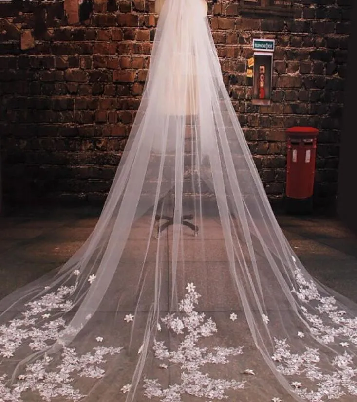 Luxury Cathedral Wedding Veils Appliques Flowers Handmade Tulle Bridal Veils With Comb Long Veils For Brides 3 Meter Veil4827035