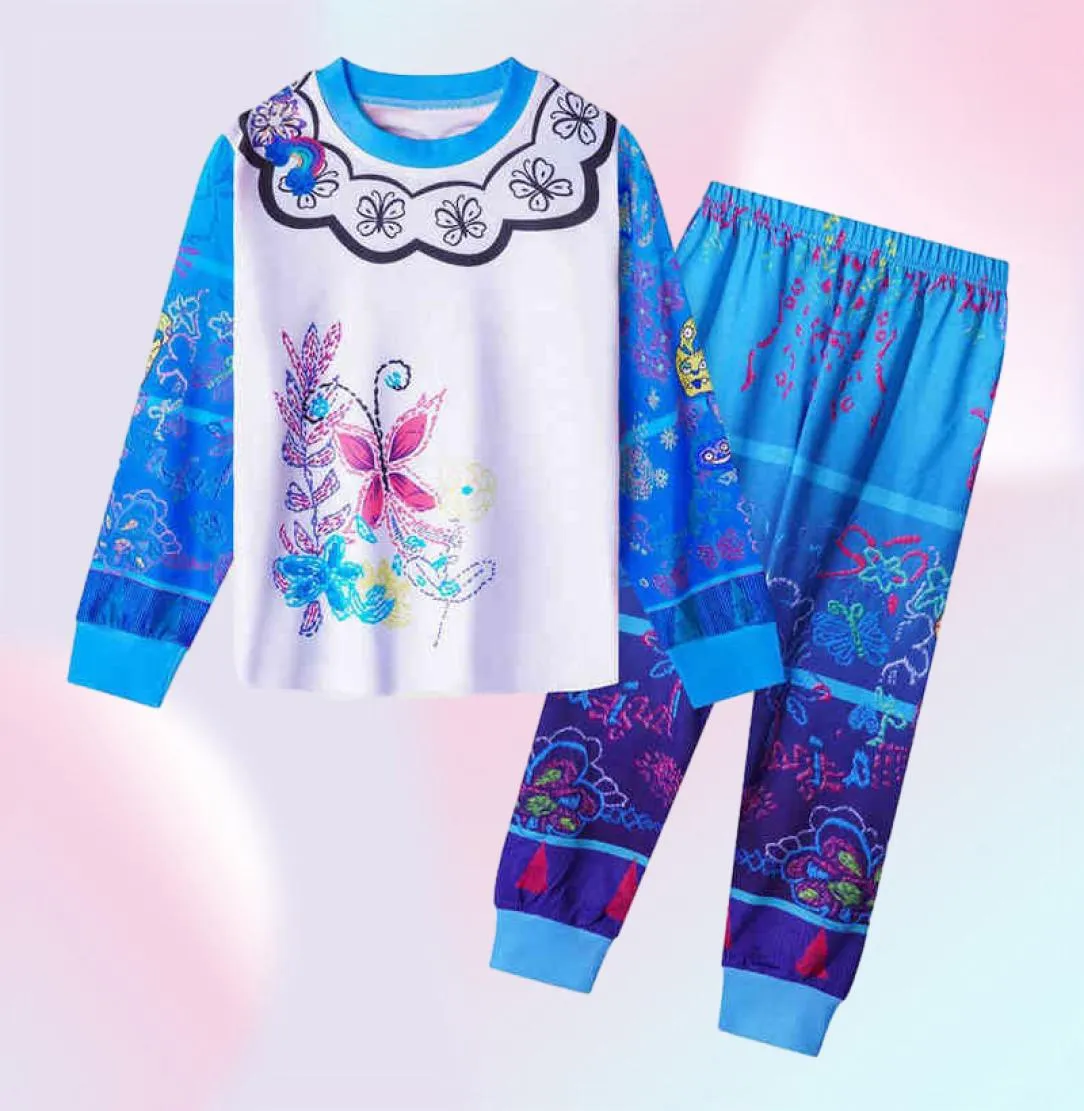 Girl encanto pijamas crianças azul rosa mirabel tops de manga longa e calça 2 pcs roupa de roupa infantil de roupas de dormir g23701411