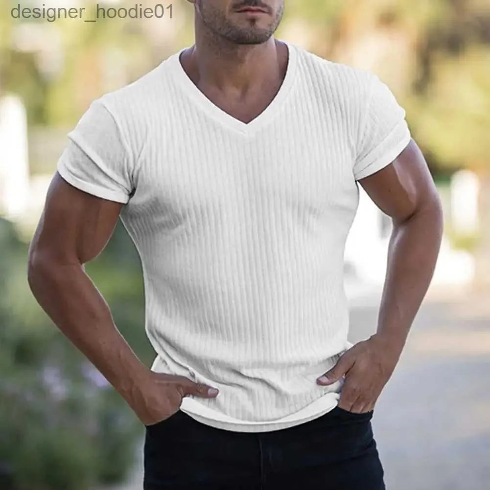 Men's Hoodies Sweatshirts Deep V-neck mens T-shirt low cut Vneck wide V-neck T-shirt invisible lingerie pattern conical hem slim fit short sleeves C240412