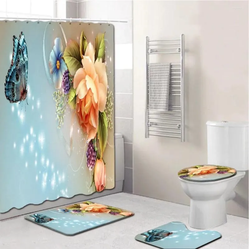 シャワーカーテンエレガントな花パターンカーテンマットセットノンスリップラグ浴室トイレバス用カーペット