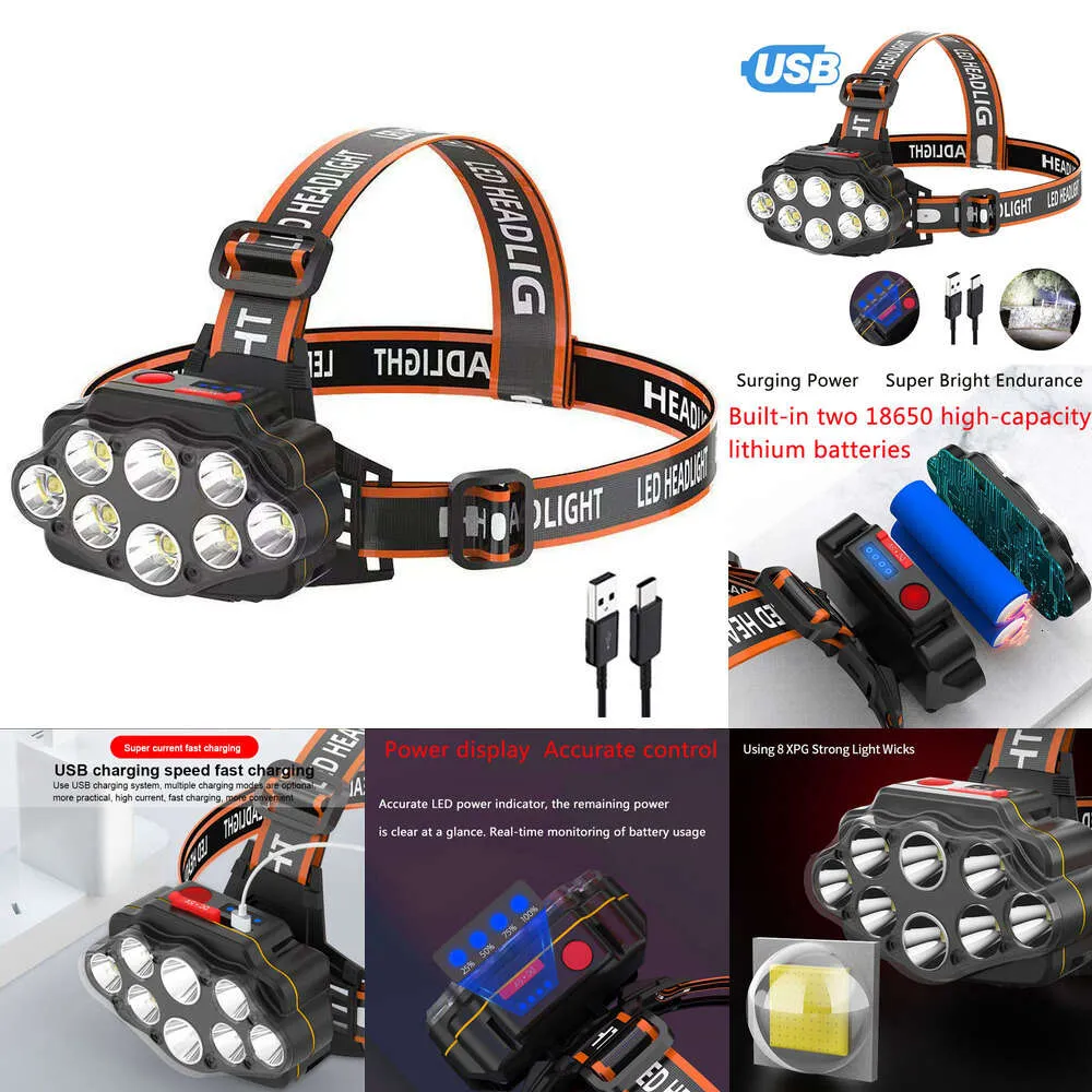 جديد 8 LED Strong LED LAD SUPRE BRIGHT USB قابلة لإعادة الشحن الأمامية مقاومة للماء شعلة شعلة في الهواء الطلق في الهواء الطلق مصباح الطوارئ في الهواء الطلق