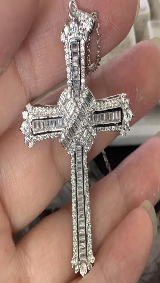 Neuer Stil Kreuz Halskette Drop Real 925 Sterling Silber Full Prinzessin geschnitten weiß Topaz CZ Diamond Frauen Halskette G5023097