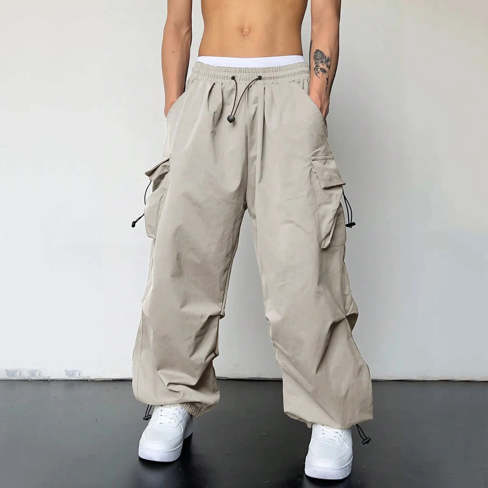 【HI FI FNK】Sandy Parachute Cargo Pants Harajuku Oversized Cargo Parachute Pants Men Streetwear