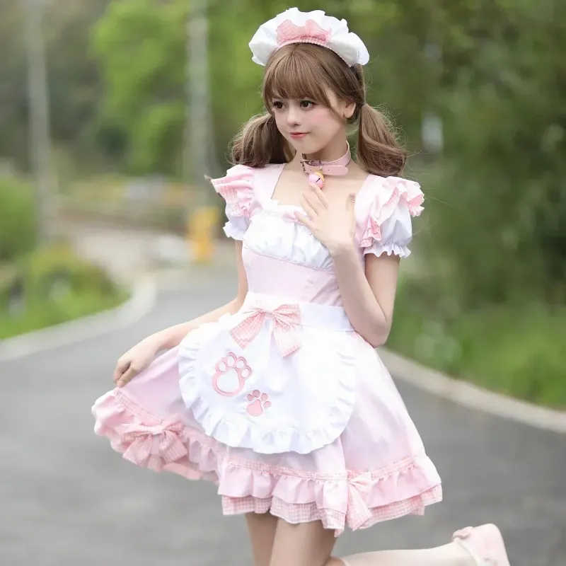 cute maid dress Yomorio Sexy Costume Lolita Cosplay Outfit French Apron Maid Fancy Dress, Black / M 90cm Waist White Black Striped Lolita Maid