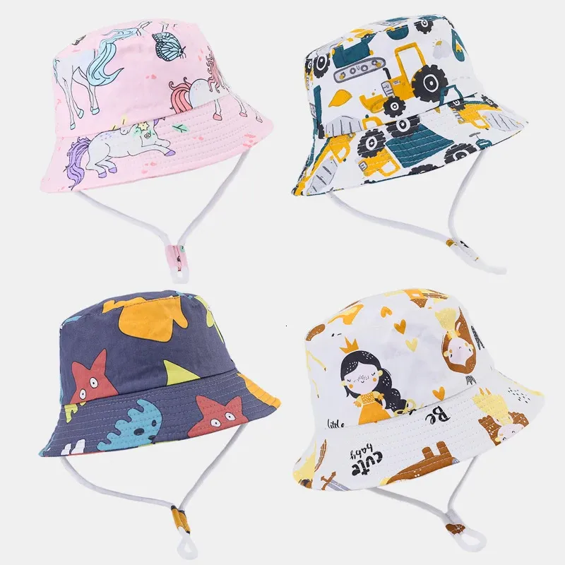 Summer Baby Hat Boy Girl Cotton UV Protection Sun Cap Barn Panama Beach Kids Hucket Cute Cartoon Spädbarn Caps 240403