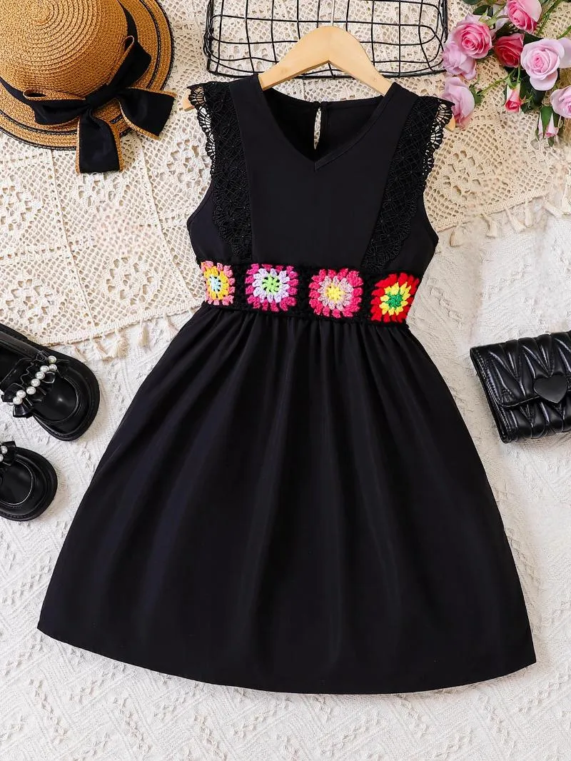 Girl Dresses Summer Girls Fashion Polyester Lace Sleeveless Round Neck Black Waistline Unique Dress