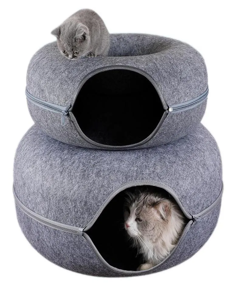 Cat Toys Donut Tunnel Bed Pets House Natural Felt Pet Cave Round Wool för små hundar Interactive Play Toycat9821785