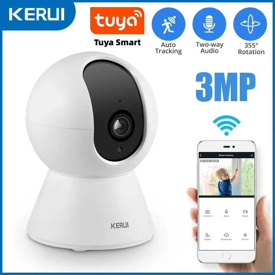 IPカメラKERUI 3MP Tuya Smart Mini WiFi IPカメラ屋内ワイヤレスホームセキュリティAI Human検出CCTV監視カメラオートトラッキング24413