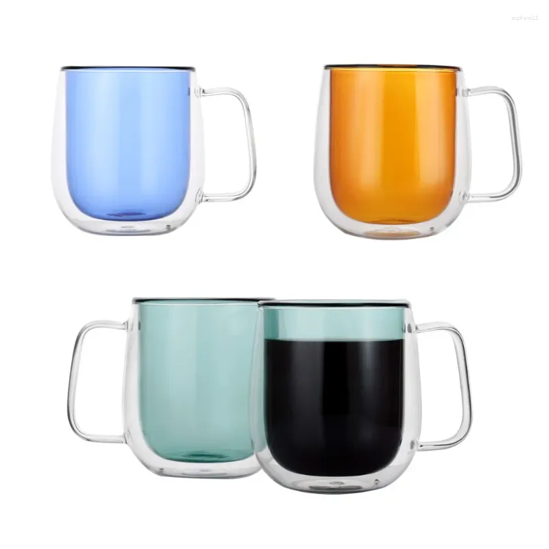 Weingläser 2pcs/Set mehrfarbige Doppelwandglasbecher mit Griff wärme resistent Kaffeetasse Braun/Blau/grün isoliert Kälte- Milch/Bier