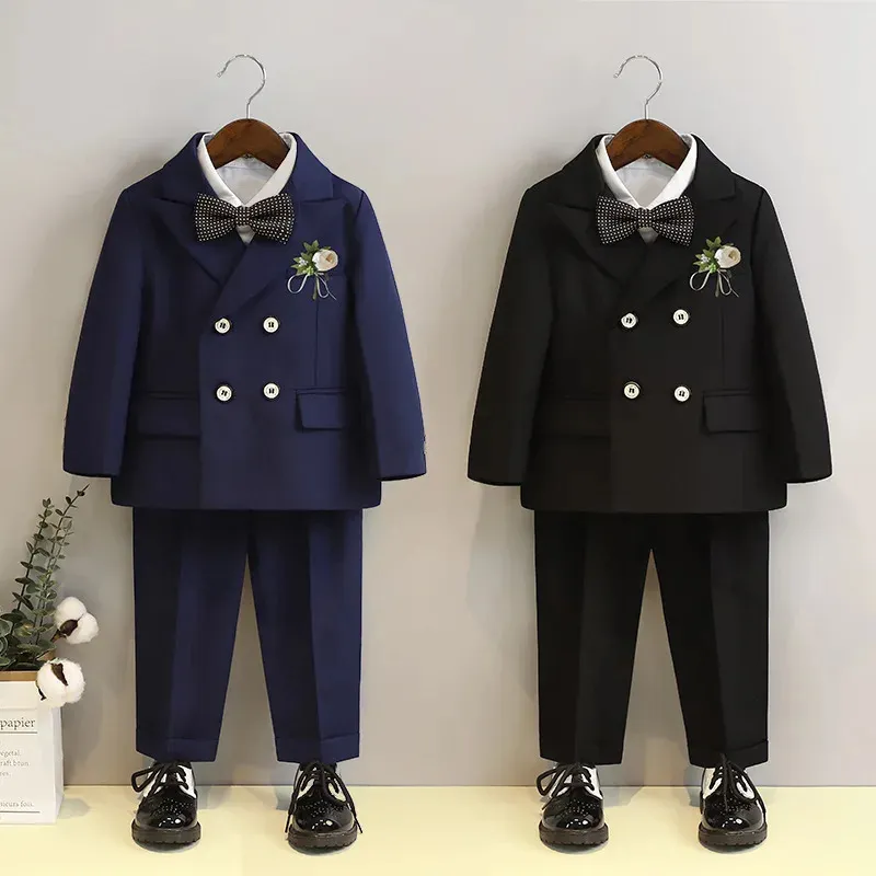 Suit for Boys Fashion Double Breasted Black Flower Child Wedding Performance Outfits 4 6 8 10 Y Kids School Uniform Blazers Set 240401