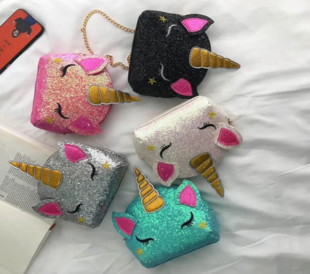 5 Styles Children Bolsa Unicorn Bolsas de ombro de cadeia Bling Liginas Cartoon Bag Crossbody Crianças Mensageiro Coin Purse Party Presente Who5744126