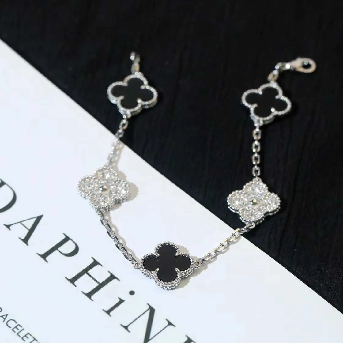 Designer 925 Pure Silver VAN Panda Bracelet Plated with 18K White Gold Black Agate Diamond Clover High Version