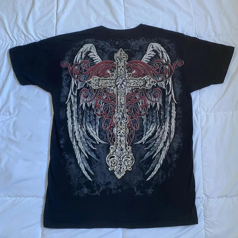E-Girl Gothic Y2K Cyber Loose Tee, Cross Wing Print T-Shirt, Harajuku Short Sleeve Tee, 90s Vintage Grunge Top E-Girl Gothic Y2K Cyber Loose Tee, Cross Wing Print T-Shirt, Harajuku Short Sleeve Tee, 90s Vintage Grunge Top