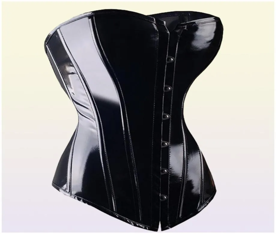 Corse sexy Black Pvc Overbust Corset Steampunk Lingerie Top Corse Goth Rock Corset Corset in pelle sexy per donne Y111928204175