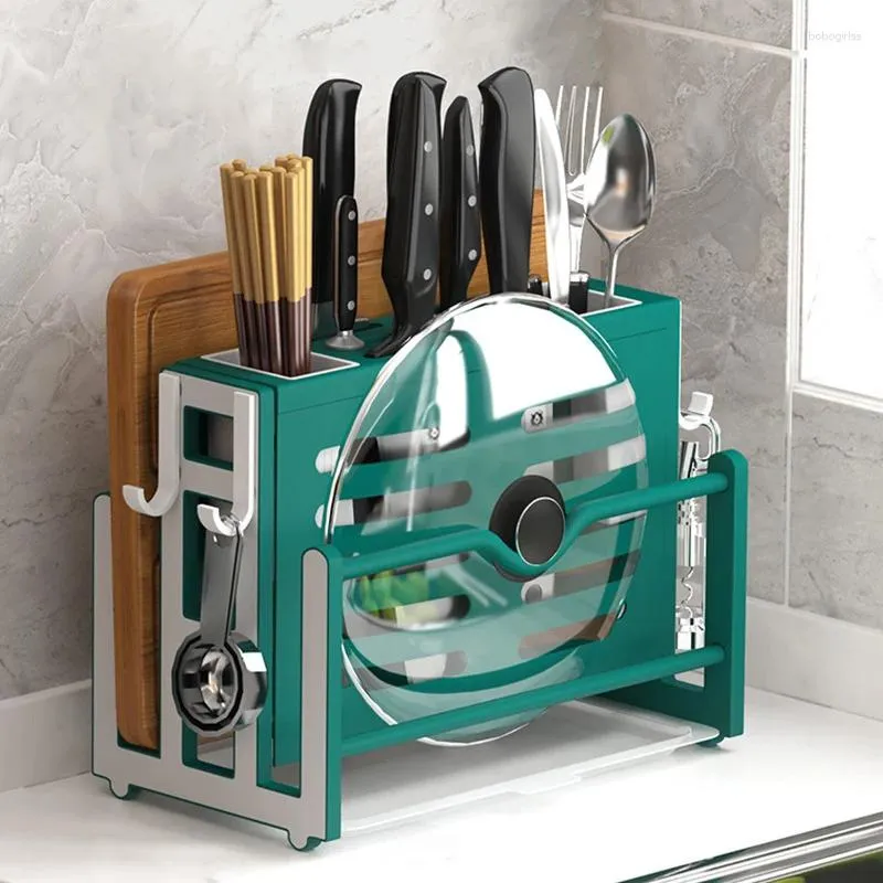 Storage de cuisine Contexte de étagères multifonctionnelles couteau à coute à coute à coute à couteau rack de couvercle de pot de drain d'organisateur