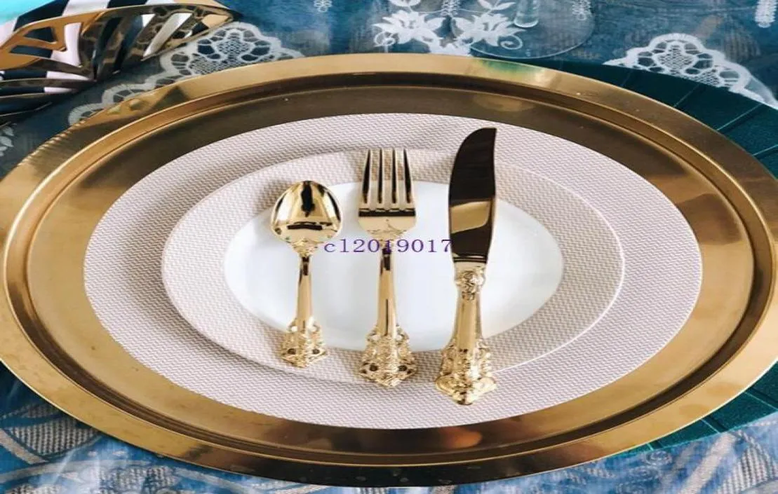 Vintage Western Gold Plated Cutlery Dining Knives Forks Teaspoons Set Golden Luxury Dinnerware Engraving Tableware1883220