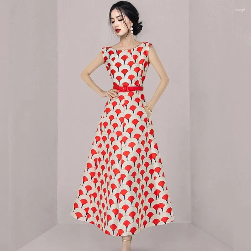 Casual Dresses 2024 Summer Korean Fashion Elegant Print Ball Gown Long Dress High Quality Women O-Neck Sleeveless Tank Slim Party Vestidos
