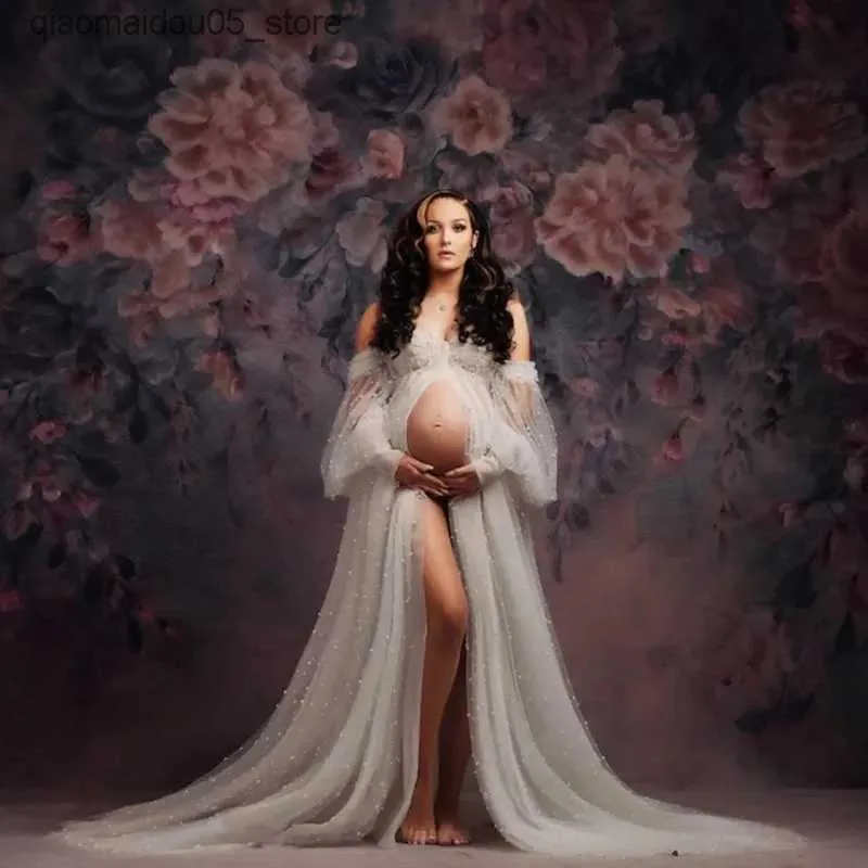 Materniteitsjurken Fotografie Props voor zwangere vrouwen transparante dunne gaas parel lange jurk voor zwangere vrouwen fotografie props Fabric Q240413