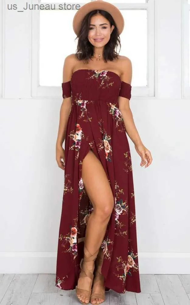 Grundläggande avslappnade klänningar Kvinnor av axelblommigt tryck Boho-klänning 2023 Kvinnor strand sommarklänningar damer axelfria långa maxi klänningar vestidos xs-5xl 1 t240415