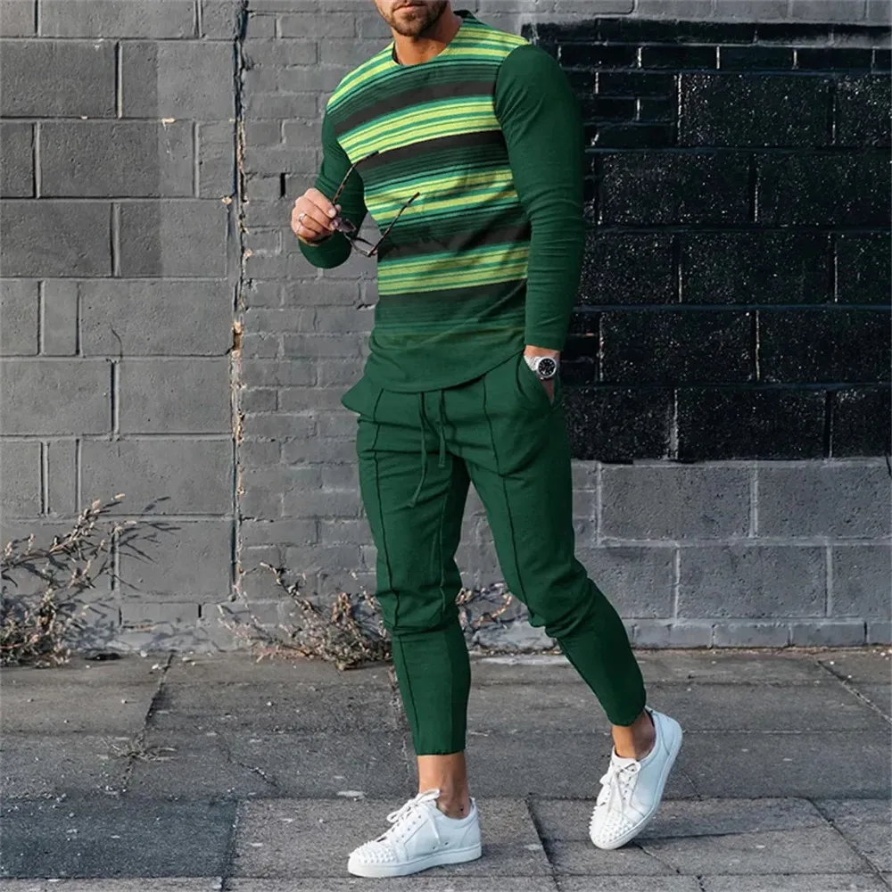 Mens Set Dark Green Striped Track Suit, Long Sleeve T Shirt And