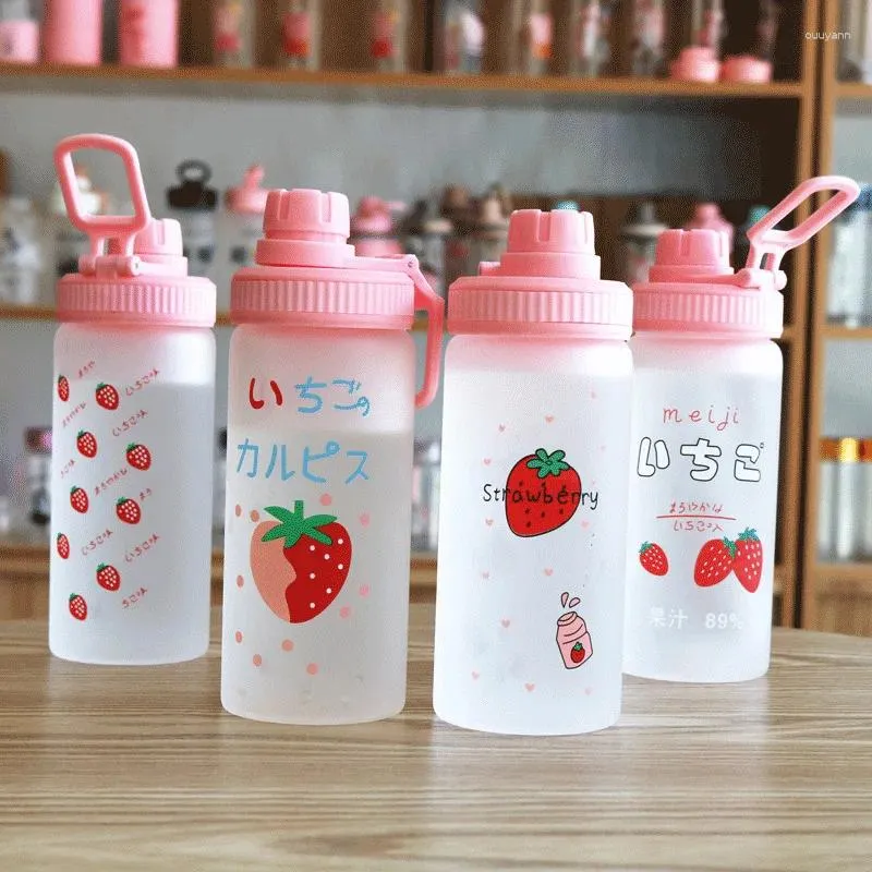 Vinglas 450 ml Transparent glasvattenflaska med inbyggt halm och lock utomhus Protoable Direkt dricka juice Mjölkflaskor Drinkware