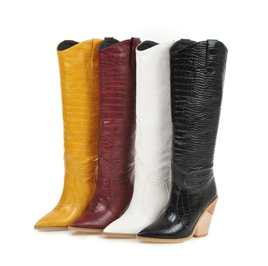 Boots Black Yellow White Knee High Women Western Cowboy For Long Winter Pointed Toe Cowgirl Wedges Motorcycle4507747