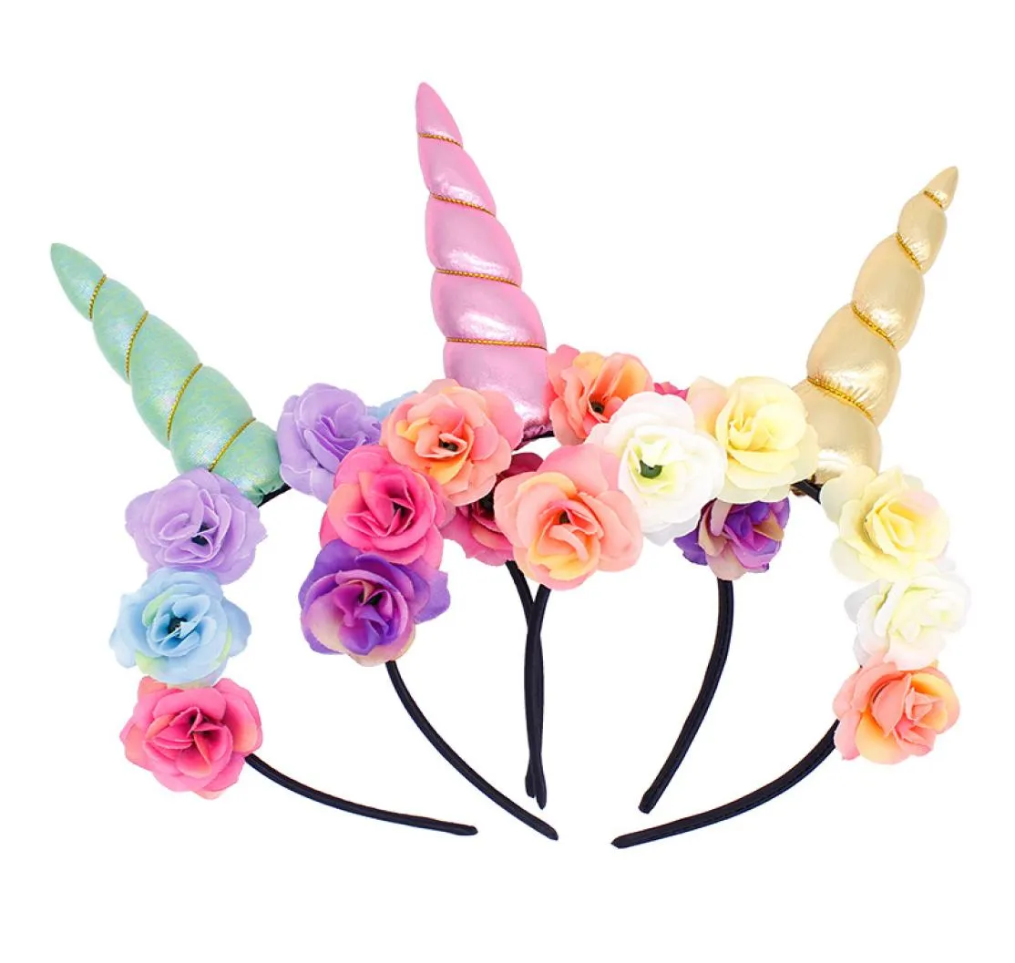 Nouvelle marque mignon kids femmes doux fleur Unicorn Horn Hair Band Band Band anniversaire fête Fleur Fleur Floral Headwear Crown2109164