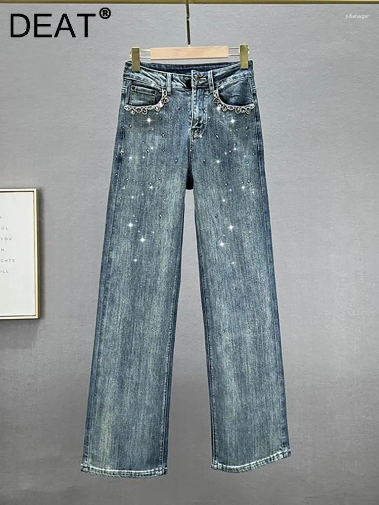 Jeans jeans tasche ad alta vita bordo diamante borboddette dritta gamba blu pantaloni in denim 2024 autunno moda 29l3903