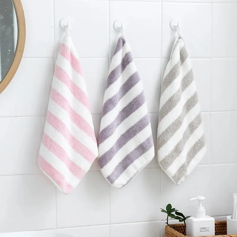 Soft Hand Towel Stripe Face Towel Microfiber Fabric Baby Towel Hanging Bathing Towel for Bathroom Kitchen Quick Dry Towel