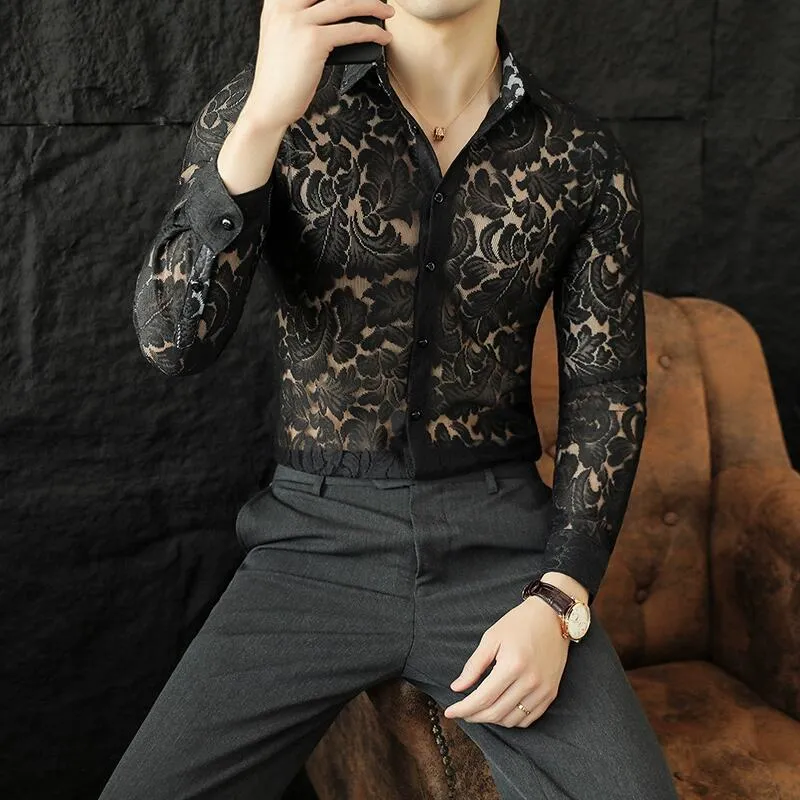 DHgate.com:Mens Floral Lace Sheer Dress Shirt, Slim Fit Long
