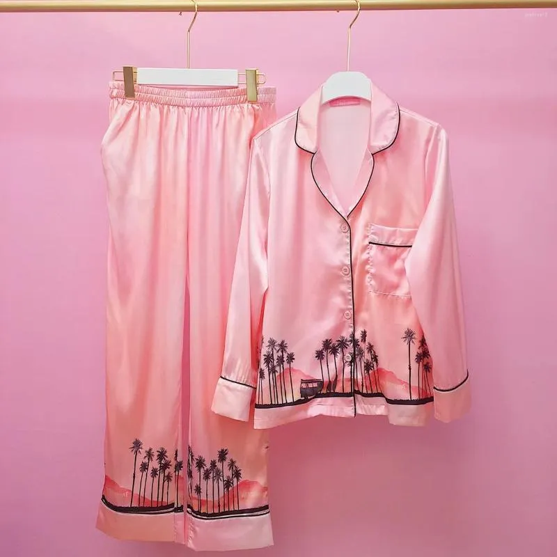 Abbigliamento per la casa 2024 primavera autunno femminile di seta di seta lussuosa in seta rosa camicia a maniche lunghe a manica lunga