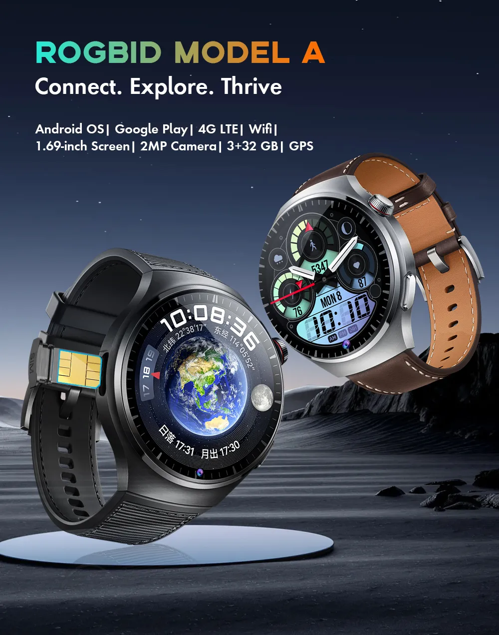 Rogbid A: 4G Android Smartwatch w/ GPS, AMOLED Screen, 16GB