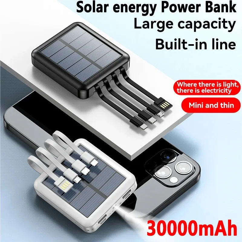 Banks 4in1 Power Bank Solar 30000mAh Charge de grande capacité Mini Powerbank est livré avec quatre fils adaptés à Samsung iPhone Xiaomi