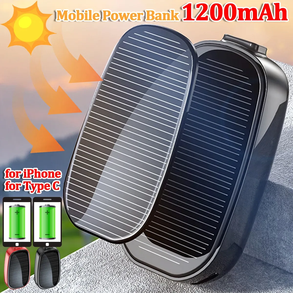 Rings 1200mAh Portable Solar Power Bank Charger Solar Keychain Mini Power Bank Outdoor Camping For IOS TYPE C Port Emergency Powerbank