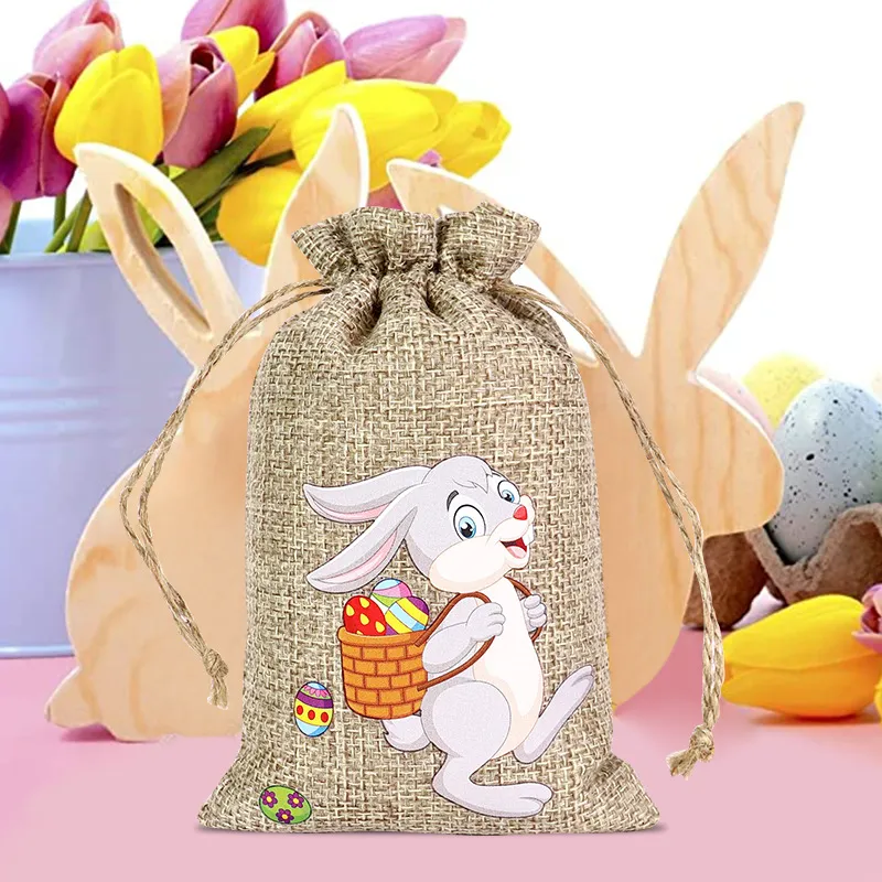 Linen Drawstring Easter Candy Gift Bags for Kids, Party Favor Bunny Egg ...