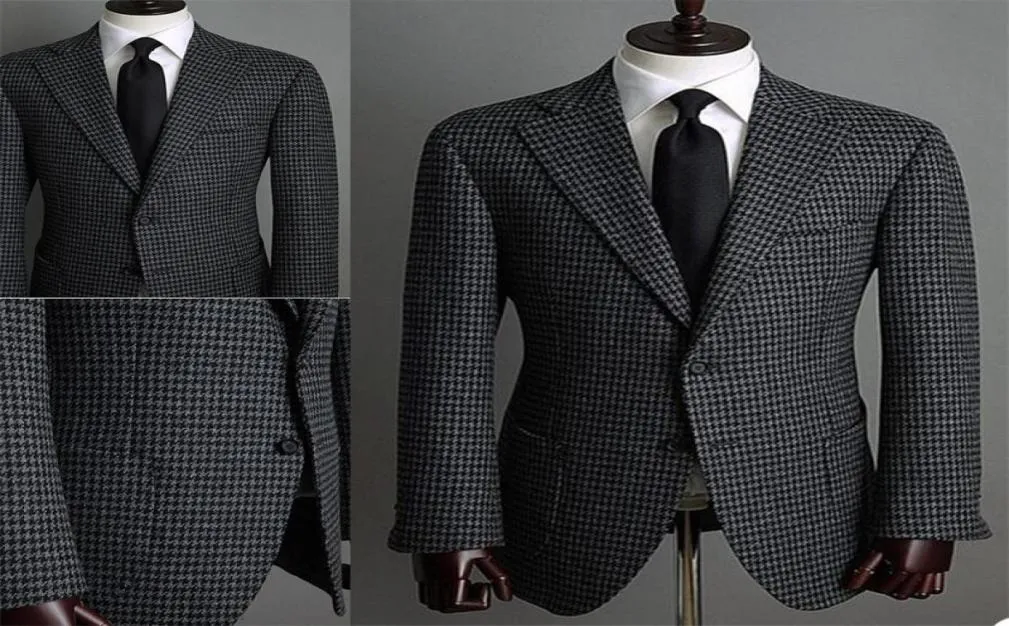 Houndstooth Men Suits Grey Custom Made Men Jacket Stilig dubbelbröst smokar toppade lapel blazer skummal affärskikt1728737