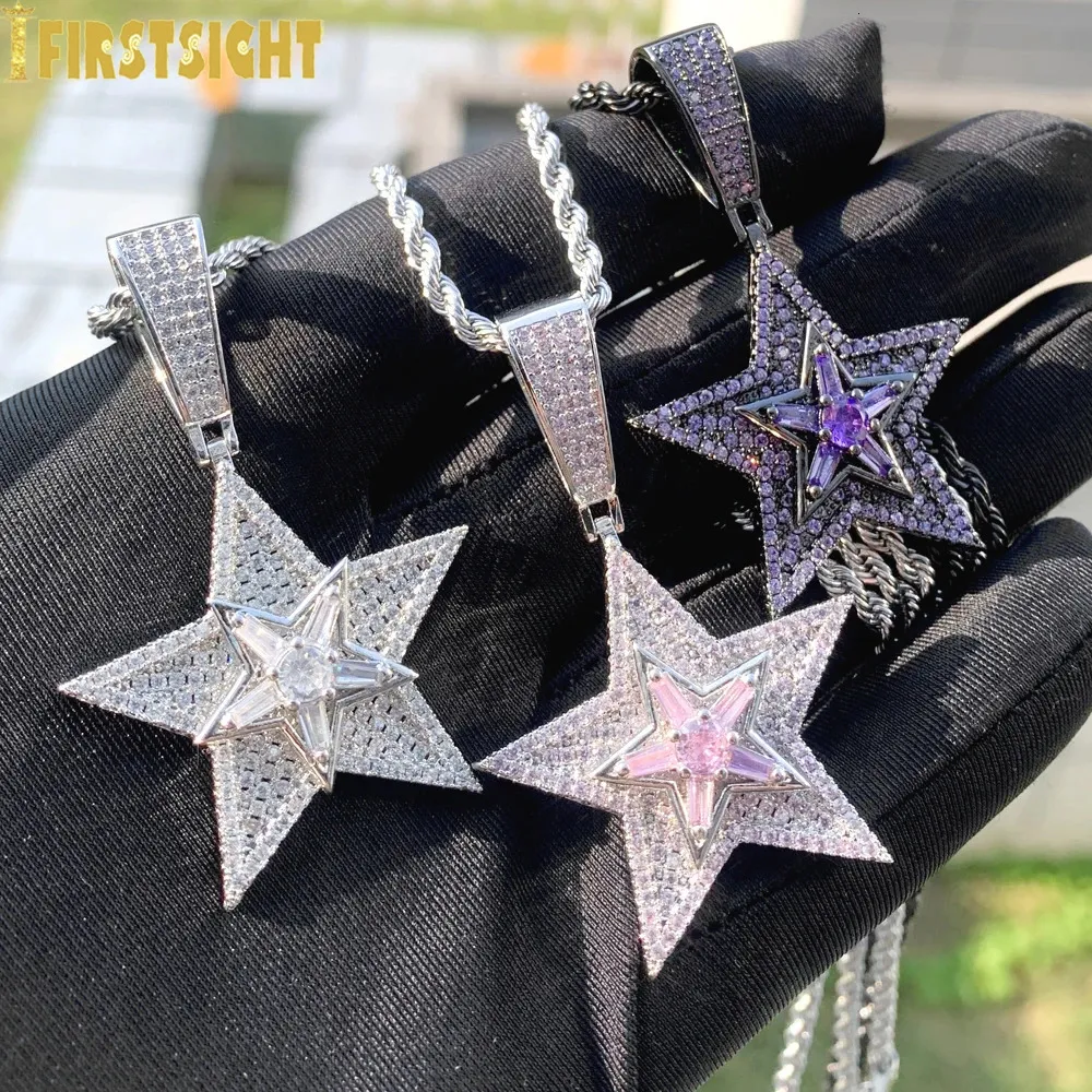 Pendants a stella rotabile ghiacciato RECTALLANGE SILVER CZ CZ CUBIC ZIRCONIA MULTI STRATI STRAMI FANNO HIPHOP UOMINI DONNE DONNE GIETTULI