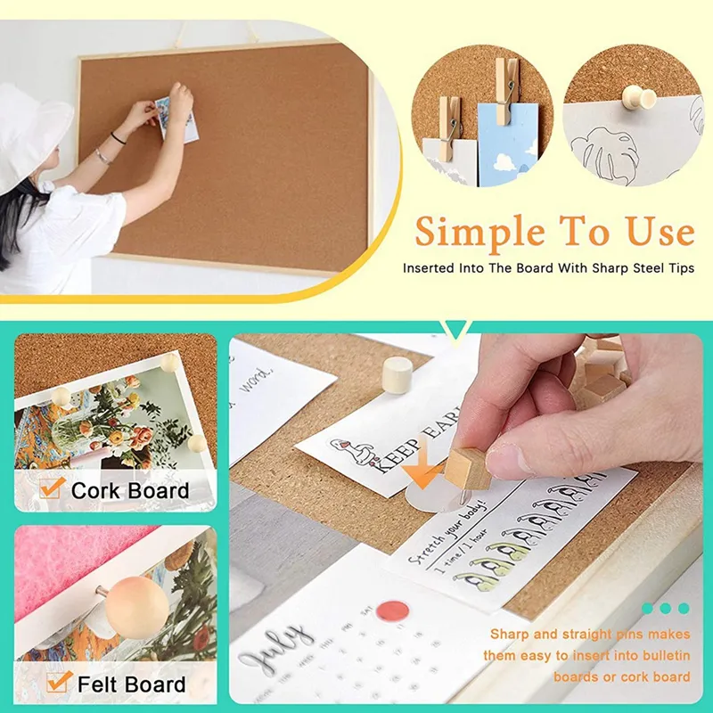 50Pcs Wooden Clips Push Pins Tacks For Cork Board Artwork For Crafts Projects