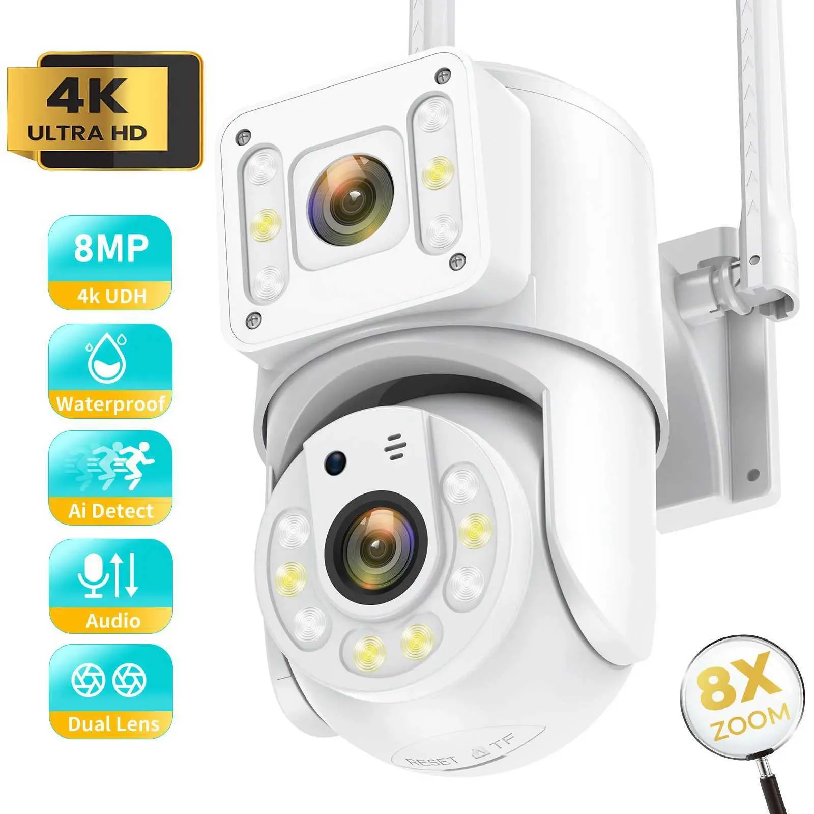 IP -camera's 8MP WiFi IP -bewakingscamera's Dual Lens PTZ Outdoor Waterdichte beveiligingscamera Human detecteren tracking Full Color Night Vision 240413