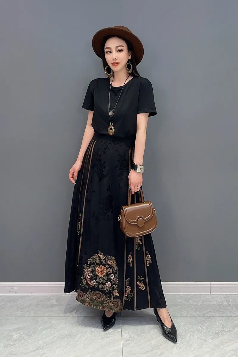 Black A-Line Cotton Polyester Jacquard Skirt for Women, Ankle