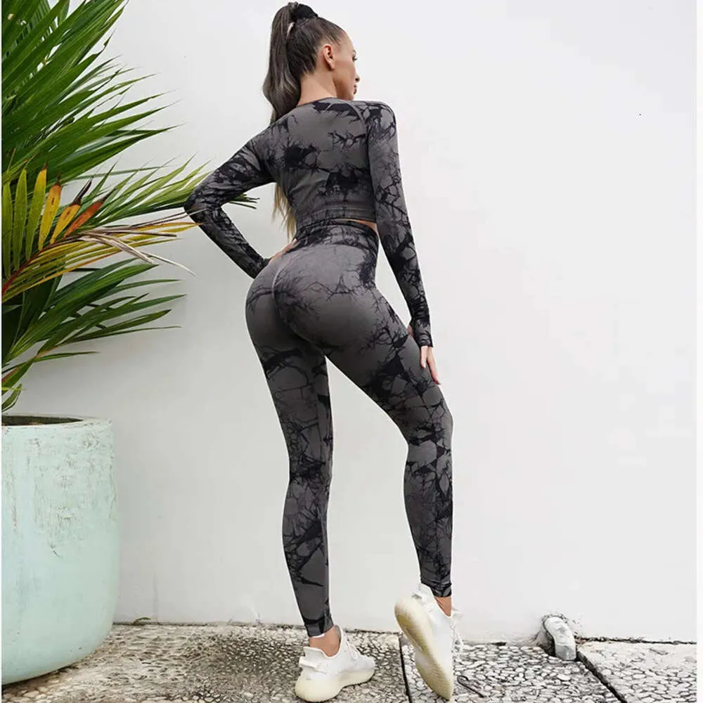 Lu-Set Jumpsuit ausrichten Zitronen nahtloser Krawatten-Dye-Yoga-Sets Sport Fiess hohe Taille Hüfte Heben Sie Hosen Langarmanzug Workout-Kleidung Fitnessstudio Legging