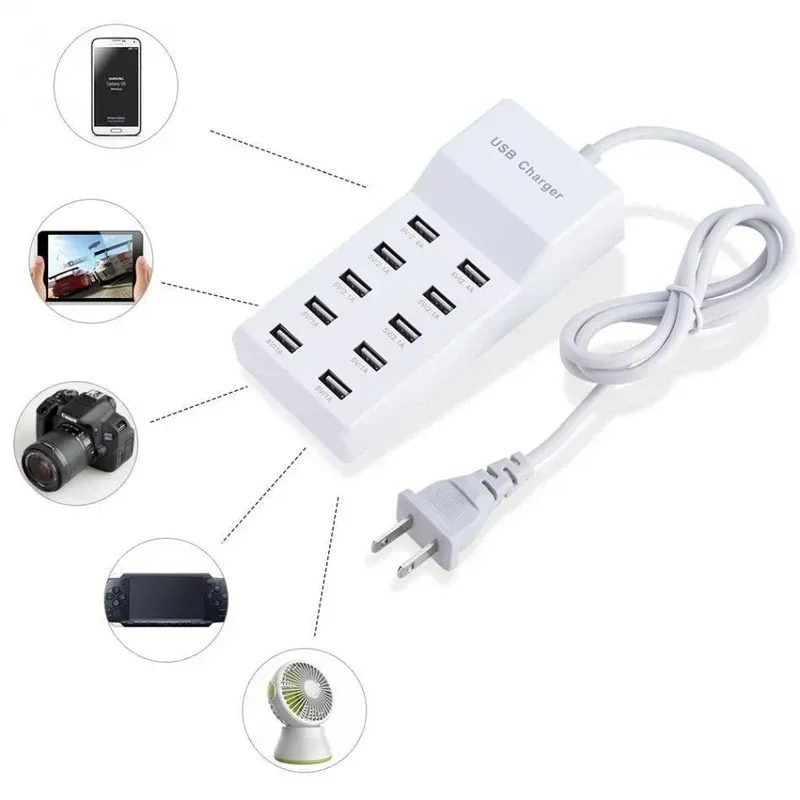 10 USB Charger Station Splitter 60W Mobiltelefonladdare Hub Smart IC Charge Universal för iPhone Samsung MP3 -surfplatta etc.