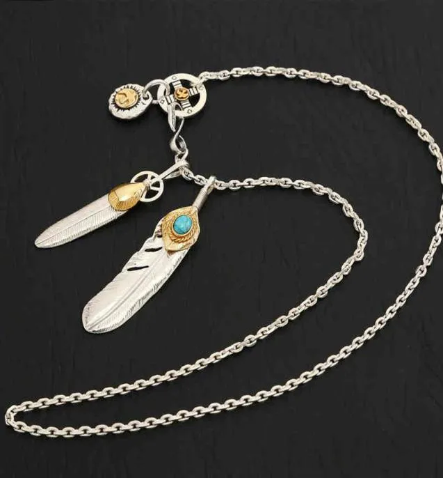 Necklaces 925 Sterling Silver Jewelry Takahashi Goro Feather Retro Long Chain Blue Turquoise Pendant for Men and Women Necklace2248131987
